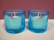 2 BLUE Glass IITTALA "KIVI" Votive Candle Holders FINNISH Finland MARIMEKKO