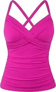 [Mycoco] Women's Underwire Tankini Top Cross Front V Neck Push Up Swim Top Ruched Tummy Control Bathing Suit Tops, Hot Pink, 22
