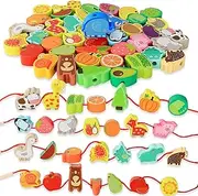BM TOYS Wooden Farm Animal Fruit Vegetable String Lacing Beads Montessori Toddlers Preschool Boy Girl Toys