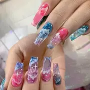GlamRays Press on Nails Coffin Shape Long Shiny Full Cover Acrylic Extra Long Square False Nails with Cloud Pattern Designs Artificial Ballerina False Nails