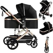 [WinkleStar] Baby Stroller and Pram 3-in-1 Travel Pram with Bassinet, High-View Design, One-Hand Fold, 5-Point Safety Belt & Shock Absorption, 50KG Capacity, Includes Mosquito Net & Cup Holder (Black)