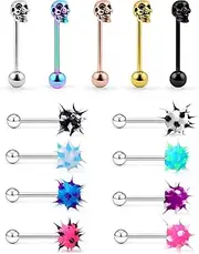 [Prjndjw] 14G Tongue Rings 13Pcs Surgical Steel Tongue Rings Skull Tongue Rings Koosh Spiky Tongue Rings Silicone Soft Spike Ball Tongue Piercing Jewelry Women Men