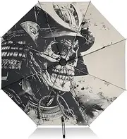 [PDZRMY] Samurai Warrior Skull UV Protection Travel Umbrella Compact for Rain and Sun - Auto Open and Close UPF 50+ Windproof Portable 46” Sun Umbrella for Women and Men