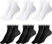 [UILYNIU] 6 Pairs Black White Women's Ruffle Socks Ankle Socks Women Adult Lace Socks Ruffled Socks Lace Ankle Socks Ballet Socks Dress Socks Frilly Socks Cotton Socks for Women Girls (6 Pairs)