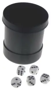5 White Dice Black Round Cup Felt Game Night Roll Screw On Lid Lock Family Gift