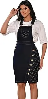 [Anagrom] Women's Stretch Denim Knee-High Pinafore Dress Overalls Adjustable Straps