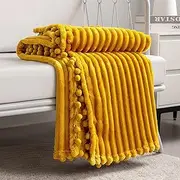 DISSA Fleece Blanket Queen Size – 71x80, Yellow - Soft, Plush, Fluffy, Fuzzy, Warm, Cozy – Perfect Throw for Couch, Bed, Sofa - with Pompom Fringe - Flannel Blanket