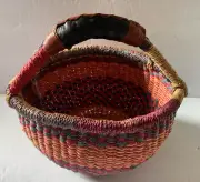 BOLGA Ghana African Handwoven Market Basket Leather Wrapped Handle Natural Small