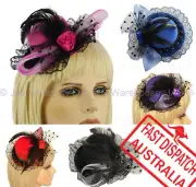 Racing Cocktail Party Race Feather Mini Top Hat Fascinator Clip CHECK BOW LACE