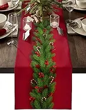 Christmas Table Runners 90 inches Long, Xmas Trees Red Cotton Linens Table Cloth Dresser Scarves for Wedding Dinning Tables Parties Holiday Home Decor, Holly Berry Candy Cane Table Decorations