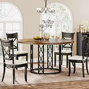 Tribesigns Dining Table Round for 4 People, 120 cm Modern Dining Table with Wood Grain Surface & Metal Base, Rustic Round Table for Dining Room, Living Room, Brown & Black
