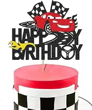 Confetti! Cars Cake Topper for Racing Car Theme Happy Birthday Party Supplies Checkered Flag Cake Decorations Glitter Cartoon Cake Decor for Kids Boys Girls Childrens