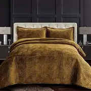 [Tribeca Living] Oversized Velvet Quilt, Three Piece King Bed Set, 260GSM Soft Velvet Quilted Set Includes One Quilt & Two Sham Pillowcases, Capri, Camel
