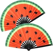 Plzoslly 2 PCS Large Folding Fan Bamboo Folding Hand Fan, Rave Fan Clack Folding Hand Fan Chinese/Japanese Nylon-Cloth Folding Fan for Festival, Dance, Performance, Party, Gift, Decoration(Watermelon)