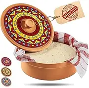 Mexican Terracotta Tortilla Warmer, Authentic Terra Cotta Tortilla Holder w Warmer Cloth, Natural Clay Heater & Tortillero - Hold 8 inch Flour Tortillas, Warmer for Roti Bread Pancakes - Taco Party