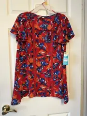 The Pioneer Women New Applique Tunic Top; Large; Red;Floral Lace; Flutter Sleeve