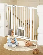 BABELIO 91.4 CM Tall Upgraded Baby Gate with Cat Door, 73.7-109 CM Auto Close Durable Dog Gate for Stairs, Doorways and House, Easy Walk Thru Safety Gate with Pet Door Includes 4 Wall Cups, White