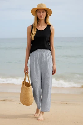 NWT Eileen Fisher Striped Organic Linen Crinkle Lantern Pant in White Black L