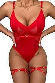 [Aranmei] Bodysuit for Women Underwire Sexy Top with Snap Crotch with Leg Straps and Thong Bodysuit Lingerie Set