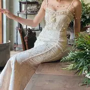 Spaghetti-Strap Embroidered Maxi Sheath Dress Beige - S