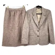 VTG Oscar De Le Renta Skirt Blazer Suit 13/14 Wool Tweed Tan Academia Career New