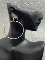 NAVAJO STERLING SILVER ONYX HEART POST HOOP EARRINGS, HALLMARKED 8.5 (WCP026846)