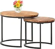 BECLOH Round Nesting Coffee Table Set of 2 End Tables for Living Room Balcony, Stacking Industrial Side Table, Circular Wood Accent Furniture with Sturdy Metal Frame