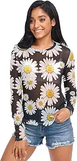 [ODAWA] White Daisies Black Tile Long Sleeve Mesh Shirt See Through Sheer Mesh Top Soft Silky Tee Top for Women