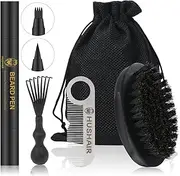 HUSHAIR Mini Beard Brush 5-in-1 Set for Men - Natural Boar Bristle Brush & Beard Pen Filler，Stainless Steel Pocket Beard Comb/Combing Brush/Ramie Storage Bag - Great for Grooming Beards and Mustaches