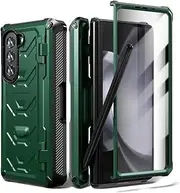 Shockproof Armor Case for Samsung Galaxy Z Fold5 Fold 5 Fold4 Fold3 Foldable Cover with Kickstand Pen Slot Front Glass Film,Green,for Galaxy Z Fold4