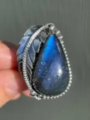 Labradorite Teardrop Leaf Design Ring | Sterling Silver 925 Size 9 I11