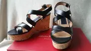 NIB Salvatore Ferragamo 7.5 Persy Cork Platform Wedge Sandal Black Leather Strap