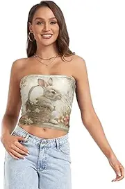 [RPLIFE] Vintage Easter Rabbit Flowers Women's Tube Top Strapless Top for Women, Sheer Tube Tops, Aesthetic Summer Tops (S)