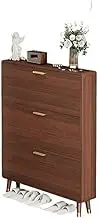 Freestanding Narrow Hidden Shoe Organizer with 3 Flip Out Drawers Modern Minimalist Entryway Cabinet for Hallways, Closets, Living Rooms, Brown Shoe Cupboard