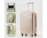 Smart Carry-On Luggage with Cup Holder & USB Charging Port - Pink Color Spinner Suitcase for Travel Convenience 20 inch