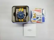 FOSSIL RETRO BLUE DIAL DATE MULTI-COLOR NYLON STRAP MEN'S WATCH AM4477 NEW