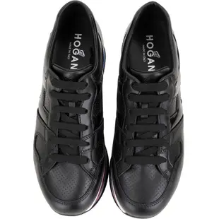 HOGAN Maxi H222 H 彩紅金蔥條紋厚底繫帶休閒鞋(黑色)