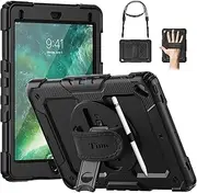 Timecity iPad 6th/5th Generation Case, iPad 9.7 inch Case 2018/2017 with Screen Protector, 360 Rotating Stand/Hand Strap, Full-Body Protective Case for iPad 6th/5th Gen/Air 2/ Pro 9.7''-Black