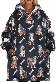 [Huglanket] Bernese Mountain Gifts for Women & Men, Bernese Mountain Themed Wearable Flannel Blanket Hoodie, Oversized Hooded Sweatshirt, One Size, Black, Black