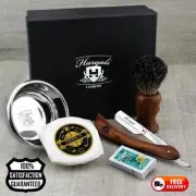 4 Pcs Shaving Set Men Pure Black Badger Hair Brush, Razor, Bowl & Soap + Blades