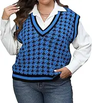 [jinghuiyue] Women's Plus Size Sweater Vest Houndstooth Pattern V Neck Knitted Vest Casual Sleeveless Pullover Sweaters