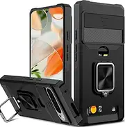 [rojarou] for Google Pixel 9 Pro XL Case with Card Holder [Slide Camera Cover][360° Rotate Ring Kickstand] Heavy Duty Protective Cover Phone Case for Pixel 9 Pro XL-Black