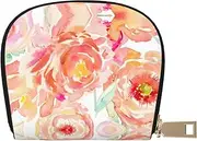 [JEJEA] Peach Peony Print Credit Card Holder Wallet, Small Card Holder Wallet with Zipper,Leather Card Holder, White, One Size