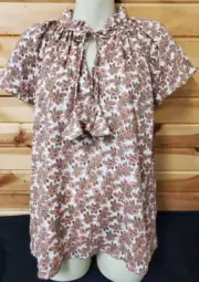 Joie Floral Brown Peach Soft 100% Cotton Top Tassle Tie Small short sleeve