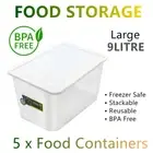 5x Food Storage Container Lid 9L Large BPA FREE Plastic Box Lunchbox Meal Prep