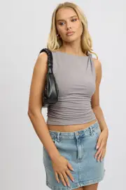 Grey Sleeveless Twist Shoulder Top - Size 16XL, Women's Tank