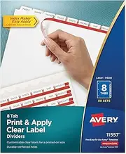 Avery Print & Apply Clear Label Dividers with Index Maker Easy Apply Printable Label Strip and White Tabs, 8-Tab, Box of 50 Sets