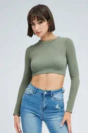 Green Top Long Sleeve Round Neck String Back Seamless - Size S, Women's Top