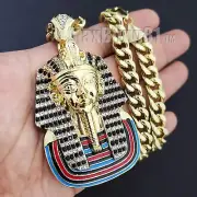 Iced Gold plated Alloy Cubic Zirconia PHARAOH KING TUT & Cuban Chain Necklace