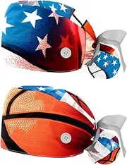 [YTYVAGT] 2-Pc,Nurse Scrub Caps,Scrub Hats with Buttons and Cotton Sweatband,Basketball USA Flag Pattern